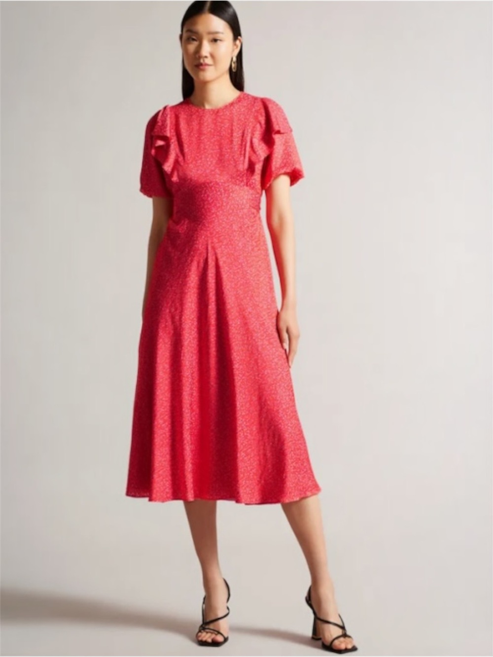 Ted Baker Mayyia Puff Sleeve Ruffle Midi Dress Size 8 US